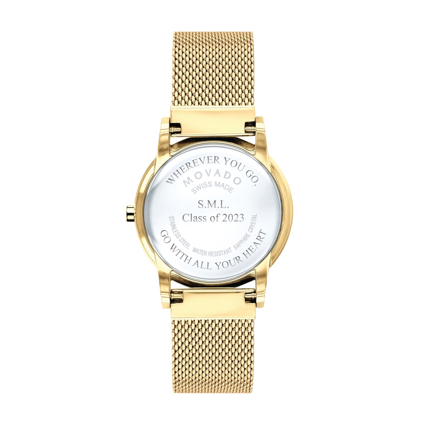 Gold watch shown with back of watch casing engraved