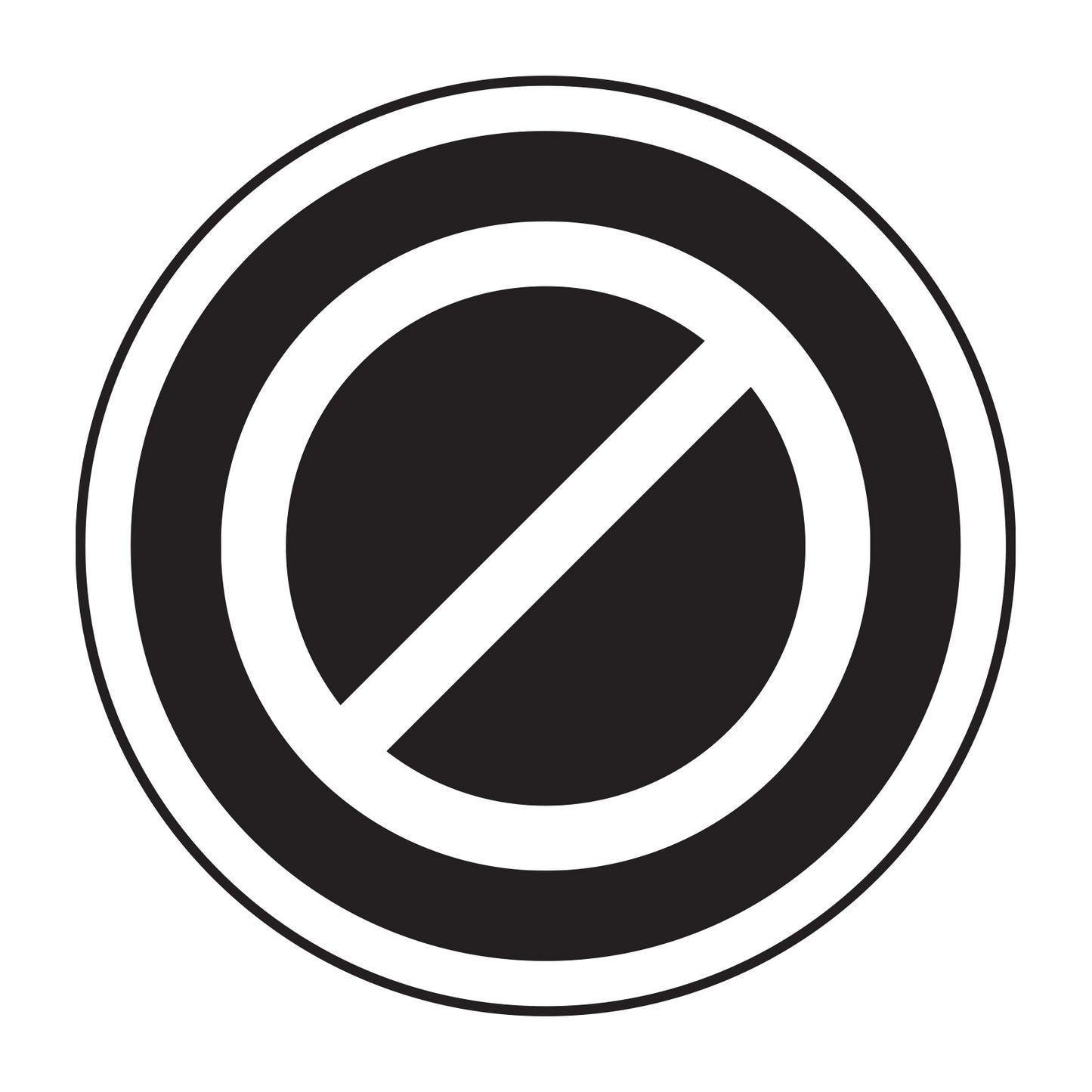 Prohibition symbol with a black circle and white diagonal line on a white background