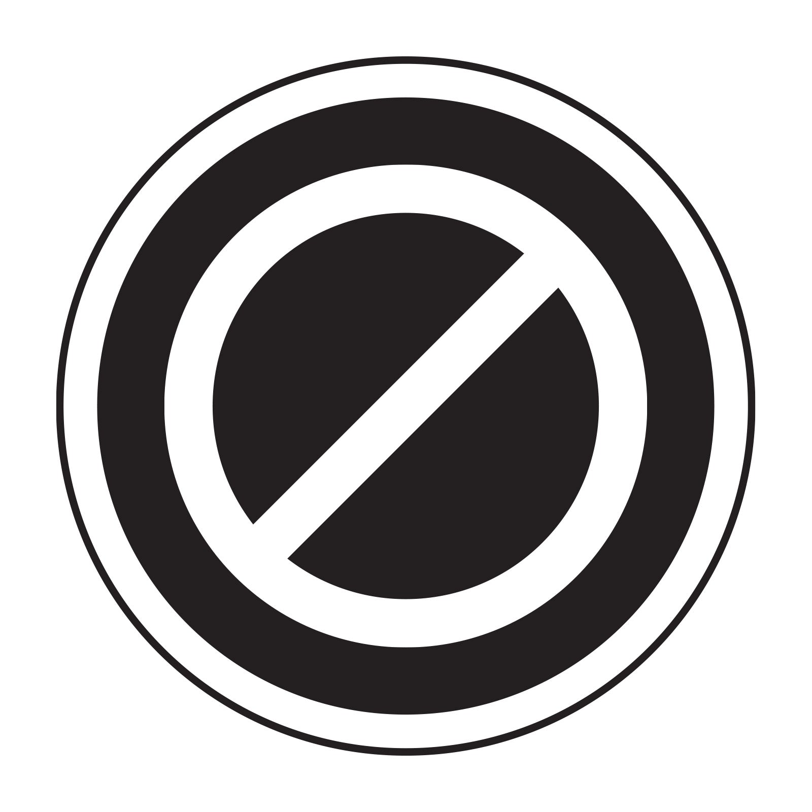 Prohibition symbol with a black circle and white diagonal line on a white background