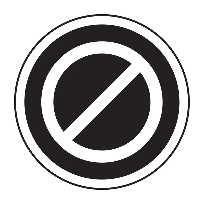 Prohibition symbol with a black circle and white diagonal line on a white background