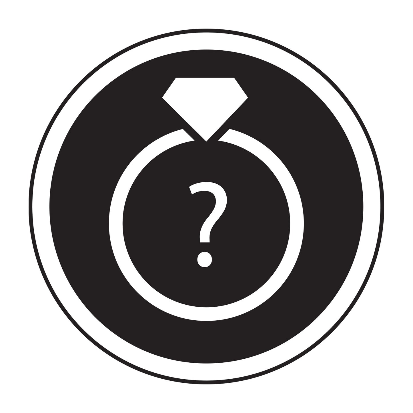 Black and white icon of a diamond ring with a question mark inside a circle