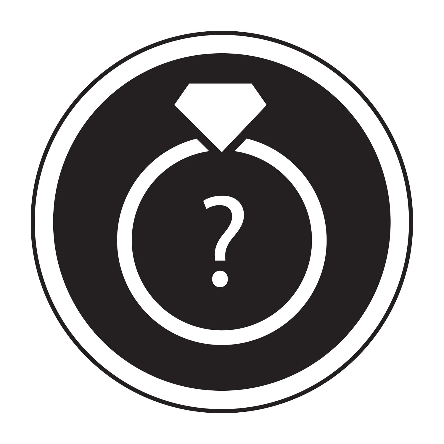 Black and white icon of a diamond ring with a question mark inside a circle