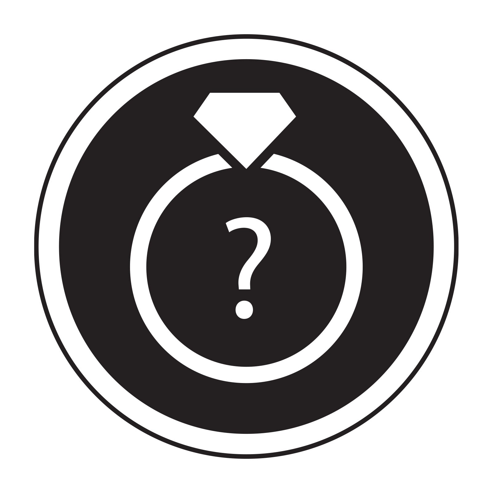 Black and white icon of a diamond ring with a question mark inside a circle