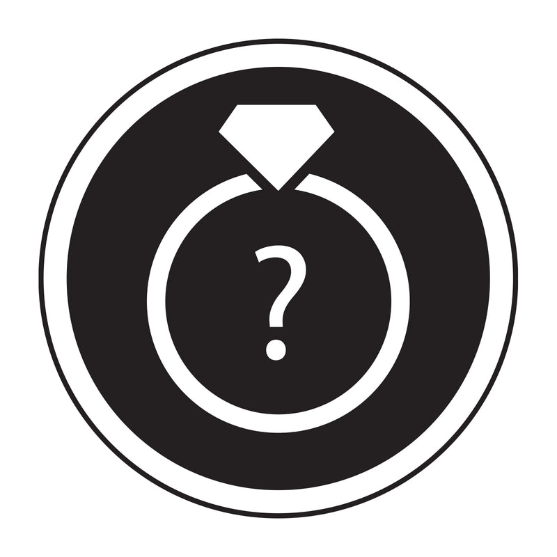 Black and white icon of a diamond ring with a question mark inside a circle