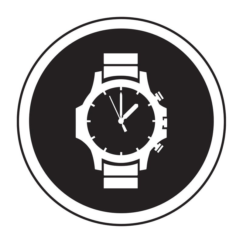 Black and white icon of a wristwatch on a black background